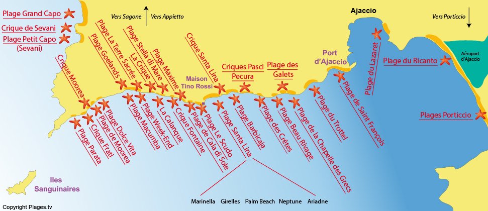 Plan des plages d'Ajaccio en Corse