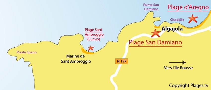 Carte des plage à Algajola en Corse entre Calvi et Ile Rousse
