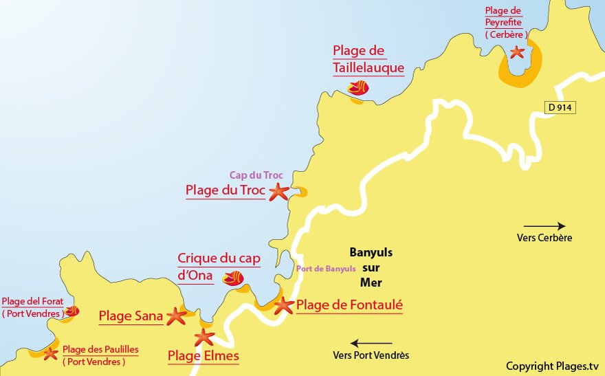 Carte des plages de Banyuls sur Mer - Pyrénées Orientales