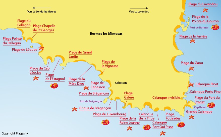 Carte des plages de Bormes les Mimosas dans le Var