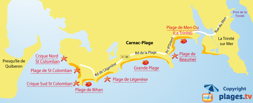 Carte des plages de Carnac dans le Morbihan