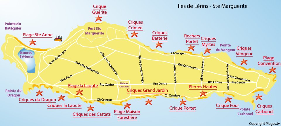 Carte des plages de l'ile de Lérins de Sainte Marguerite