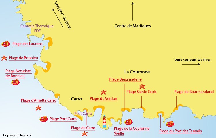 Carte des plages de La Couronne - Martigues