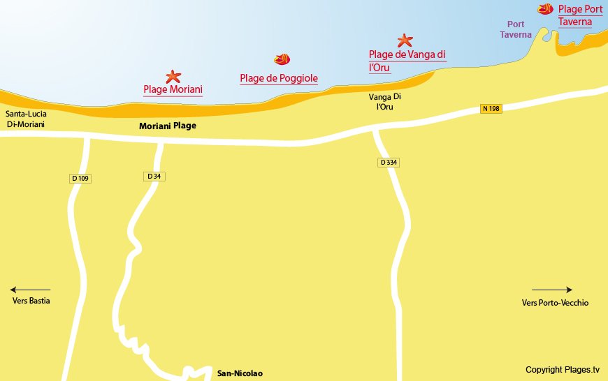 carte des plages de Moriani en Corse