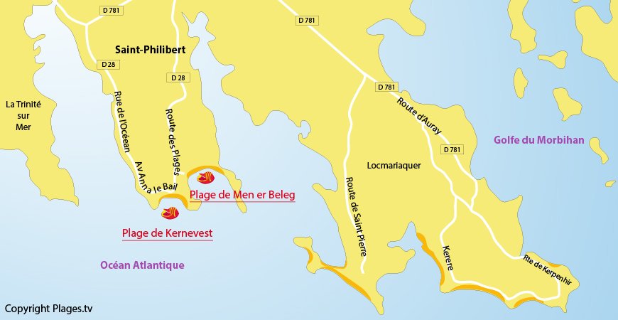 Carte des plages de Saint Philibert dans le Morbihan