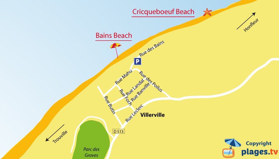 Map of Villerville beaches in Normandy